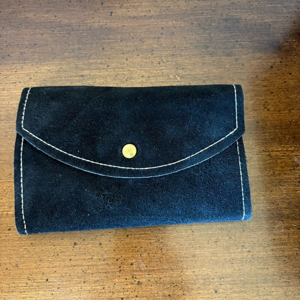 Vintage Suede Leather Womens Wallet Black Checkbook Holder Coin Pocket 6.5x 4.5